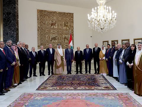 Delegates from the Arab League countries meet with Lebanese President Michel Aoun at the presidential palace in Baabda, Lebanon July 2, 2022.