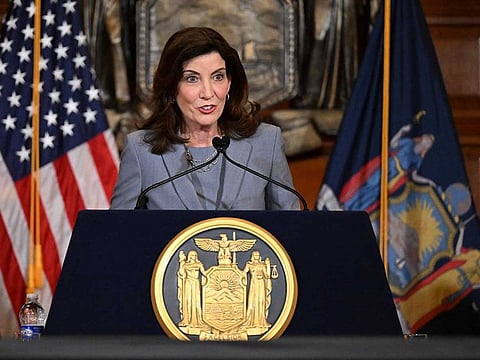 New York Gov. Kathy Hochul speaks to reporters in the Red Room about legislation passed during a special legislative session, Friday, July 1, 2022, at the state Capitol in Albany, NY.