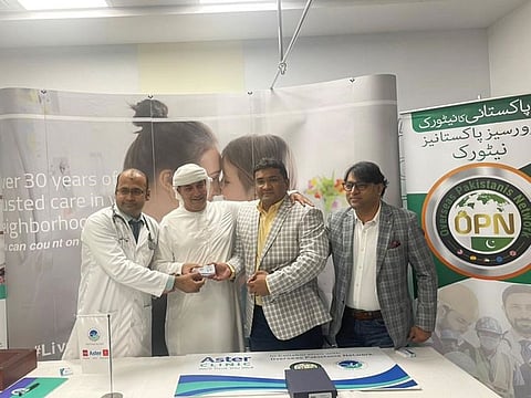 Dr Waqas Anwar, Nasir Jamil Orakzai, Asim Shehzad and Yasir Imtiaz at the launching of the discount card for Pakistani expats in Ajman.