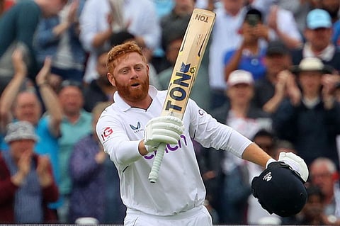 England's Jonny Bairstow celebrates after reaching his century during play on Day 3 of the fifth cricket Test match against India at Edgbaston, Birmingham in central England.