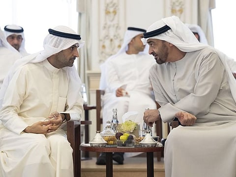 President His Highness Sheikh Mohamed bin Zayed Al Nahyan with Dr. Nayef Falah Mubarak Al Hajraf, Secretary General of the Gulf Cooperation Council (GCC).