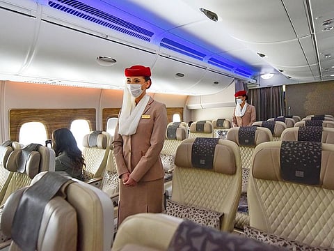 Inside the Emirates Premium Economy cabin aboard EK9022, a showcase Premium Economy flight, in Dubai on Tuesday.