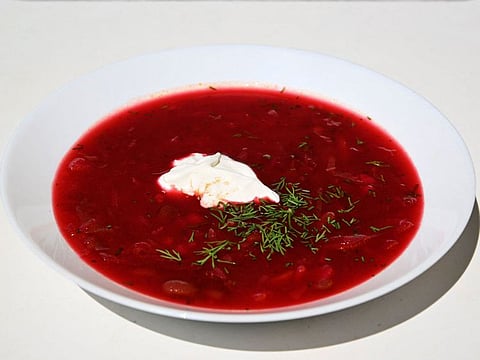 Beetroot borscht soup with sour cream. The United Nation's cultural agency inscribed the culture of cooking borscht soup in Ukraine on its list of endangered cultural heritage on July 1, 2022. Russia denounced Unesco decision to recognise borscht soup as part of Ukraine's national heritage.