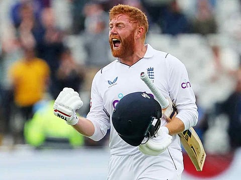 England's Jonny Bairstow celebrates the victory on Day 5 of the fifth cricket Test match against India at Edgbaston, Birmingham in central England on July 5, 2022.