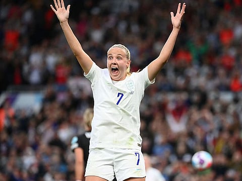 England striker Beth Mead reacts to her shot crossing the line as she scores against Austria.