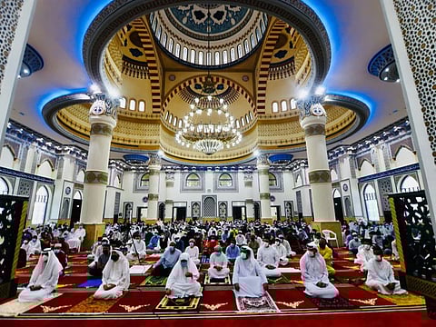 People attend the morning prayer at AlFarooq Omar Bin AlKhattab Mosque in Dubai during Eid Al Adha last year.