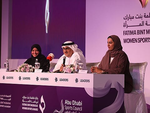 Aref Hamad Al Awani, Dr Omniyat Al Hajri and Mariam Al Mansoori announcing the details of the sixth Fatima Bint Mubarak Women’s Sports Award.