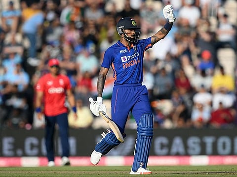 India's Hardik Pandya celebrates reaching his 50 during the second Twenty20 International cricket match between England and India at Ageas Bowl in Southampton on July 7, 2022.