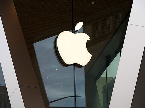 An Apple logo adorns the facade of the downtown Brooklyn Apple store in New York.