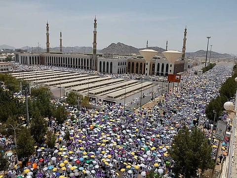 Pilgrims gather on Mount of Mercy at the plain of Arafat during the annual haj pilgrimage, outside the holy city of Mecca, Saudi Arabia, July 8, 2022.