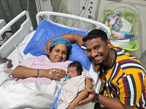Sherin Mary Babu and her huisband Rony Alexander with their baby girl Seria Mary Rony at Medeor Hospital in Abu Dhabi.