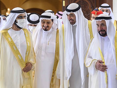 From left: Sheikh Mohammed bin Rashid Al Maktoum, Vice-President and Prime Minister of the UAE and Ruler of Dubai, Sheikh Humaid bin Rashid Al Nuaimi, UAE Supreme Council Member and Ruler of Ajman, Sheikh Mohamed bin Zayed Al Nahyan, President of the United Arab Emirates and Sheikh Dr Sultan bin Mohamed Al Qasimi, UAE Supreme Council Member and Ruler of Sharjah, attend an Eid Al Adha reception, at Mushrif Palace.