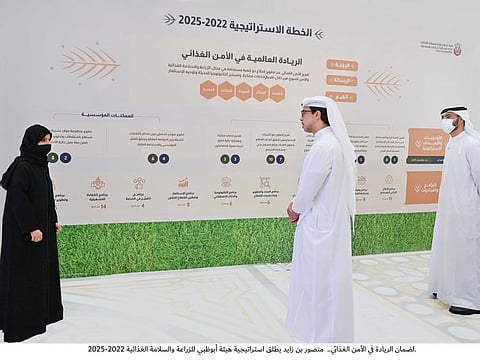 Sheikh Mansour Bin Zayed Al Nahyan, Deputy Prime Minister and Minister of Presidential Court, during the launching ceremony of a three-year food strategy in Abu Dhabi on Tuesday.