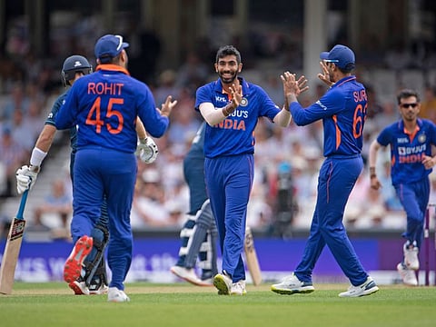 India's Jasprit Bumrah celebrates the dismissal of England's Joe Root during the 1st ODI at Kennington Oval in London.