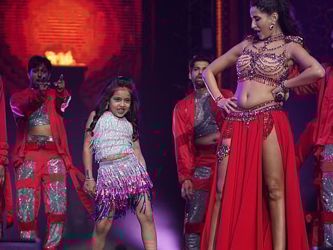 Dubai girl Kashvi with Nora Fatehi at the IIFA night in Abu Dhabi's Etihad Arena