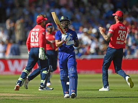 India's star batter Virat Kohli walks back to the pavilion after getting dismissed during the third T20 match against England at Trent Bridge in Nottingham on Sunday.