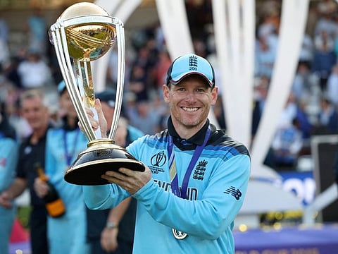 England captain Eoin Morgan holds the 50-over World Cup trophy at Lords on July 14, 2019.