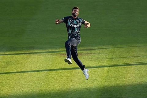 England's Reece Topley celebrates after claiming his fifth wicket, bowling Yuzvendra Chahal, during the second Royal London One Day International match at the Lord's on Thursday.
