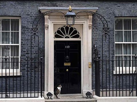 Larry the cat sits outside 10 Downing Street in London.