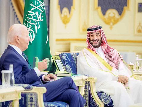 Saudi Arabia's Crown Prince Mohammed bin Salman (right) and US President Joe Biden meet at Al Salam Palace in Jeddah, on July 15, 2022.