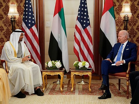 President His Highness Sheikh Mohamed bin Zayed Al Nahyan during his talks with US President Joe Biden in Jeddah.