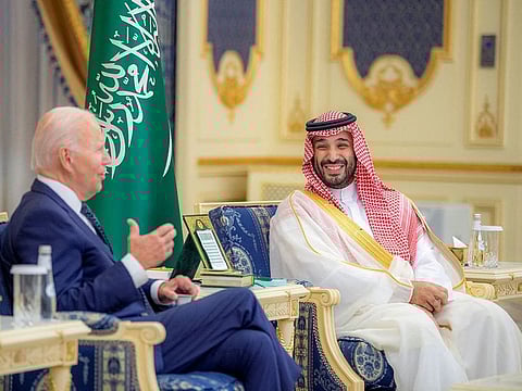 Saudi Crown Prince Mohammed bin Salman and U.S. President Joe Biden meet at Al Salman Palace upon his arrival in Jeddah, Saudi Arabia, July 15, 2022.