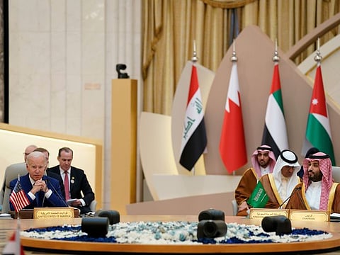 President Joe Biden and Saudi Crown Prince Mohammad bin Salman, far right, attend the Gulf Cooperation Council on July 16, 2022, in Jeddah.