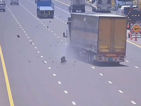 creengrab from Abu Dhabi Police video showing a cargo van tyre blowout. Police warn motorists to regularly check tyres to avoid accidents.