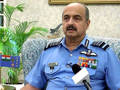 Chief of the Indian Air Force Air Chief Marshal VR Chaudhari speaks to the media in New Delhi on Sunday, July 17, 2022.