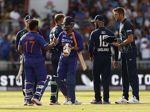 India's Rishabh Pant and Ravindra Jadeja celebrate winning the One Day International Series against England at Old Trafford Cricket Ground, Manchester, Britain.