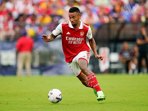 Arsenal's Gabriel Jesus runs with the ball against Everton during the first half of a pre-season friendly in Baltimore.