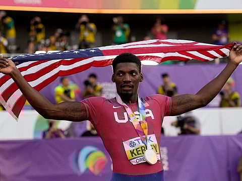Fred Kerley, of the United States, celebrates after wining the final in the men's 100-meter run at the World Athletics Championships on Saturday in Eugene, Oregon.