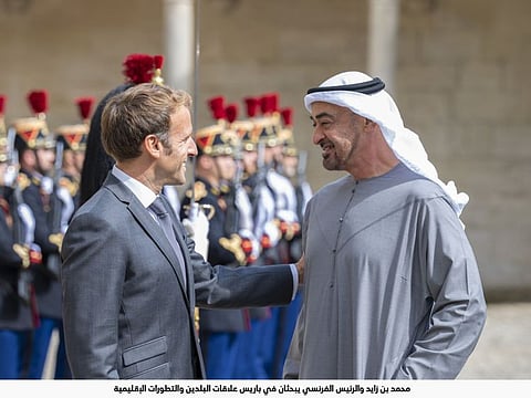 Sheikh Mohamed bin Zayed Al Nahyan with Emmanuel Macron during Sheikh Mohamed bin Zayed's visit to France in 2021.