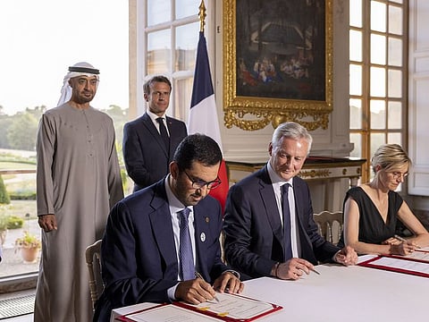 Sheikh Mohamed and Emmanuel Macron witness an MOU signing ceremony, at the Versailles Grand Trianon. The two countries signed a number of agreements and memoranda of understanding aimed at enhancing bilateral relations in various fields.