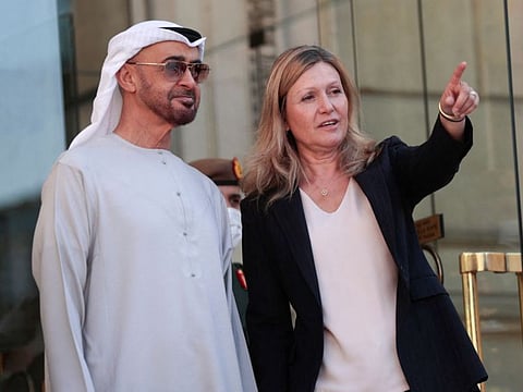 UAE President HH Sheikh Mohamed bin Zayed Al Nahyan is greeted by the President of the French National Assembly Yael Braun-Pivet, on the steps of the National Assembly in Paris on Tuesday.