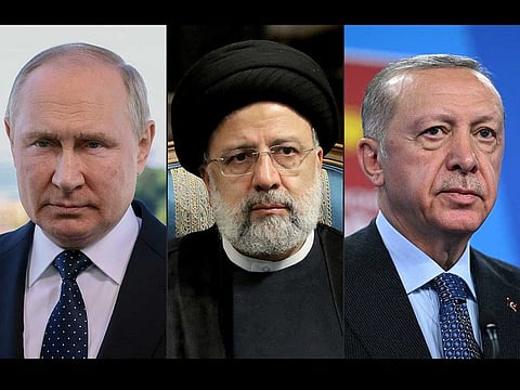 This combination of pictures created on July 17, 2022 shows a file photo taken on June 30, 2022 of Russian President Vladimir Putin, a handout picture provided by the Iranian presidency on June 11, 2022, of Iran's President Ebrahim Raisi, and a file photo taken on June 30, 2022 of Turkey's President Recep Tayyip Erdogan.