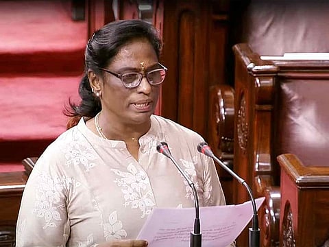 Former athlete PT Usha takes oath as Rajya Sabha MP during the Monsoon Session of Parliament, in New Delhi on Wednesday.