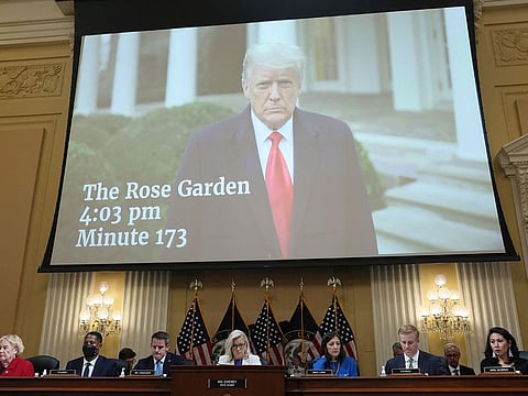 A clip of former U.S. President Donald Trump appears on a screen during a public hearing of the U.S. House Select Committee to investigate the January 6 Attack on the U.S. Capitol, on Capitol Hill, in Washington, U.S., July 21, 2022.