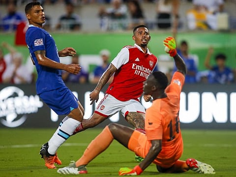 Arsenal forward Gabriel Jesus (centre) scores against Chelsea at Camping World Stadium.