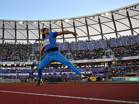 A track & field elite: Neeraj Chopra in action during the javelin final of World Athletics at Eugene, Oregon in US on Sunday.