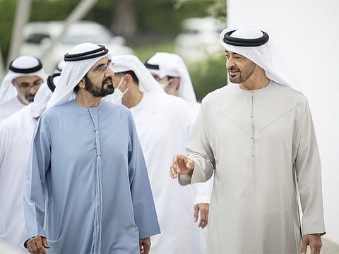 President Sheikh Mohamed bin Zayed (right) with Sheikh Mohammed bin Rashid at Qasr Al Bahr Majlis.