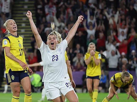 England's Alessia Russo celebrates scoring their third goal with a stunning backheel.