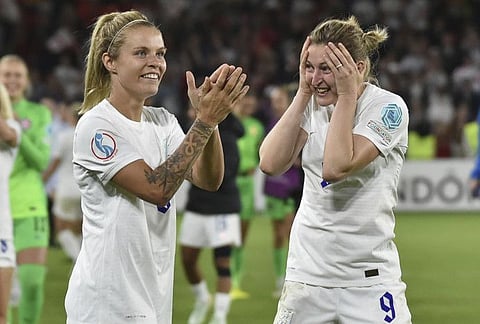 England's Leah Williamson (left) and Ellen White celebrate after beating Sweden 4-0 in the Women Euro 2022 semi final at Bramall Lane Stadium in Sheffield, England.