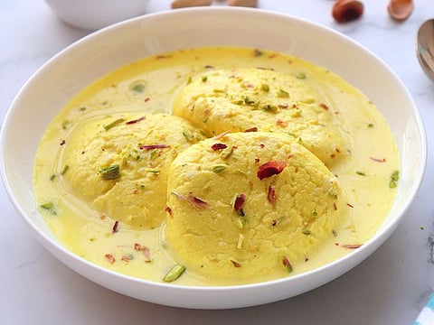 Saffron-flavoured ras malai or kesar ras malai