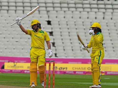 Australia's Ashleigh Gardner celebrates after reaching her half-century during the women's T20 preliminary round match against India in Birmingham on Friday.