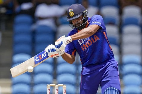India's captain Rohit Sharma plays a shot against West Indies during the first T20 at Brian Lara Cricket Academy in Tarouba, Trinidad and Tobago, on Friday.