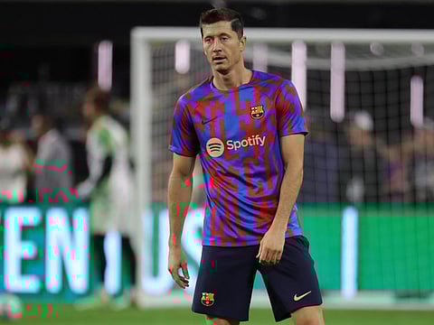 Robert Lewandowski of Barcelona warms up before a preseason friendly against Real Madrid at Allegiant Stadium in Las Vegas, Nevada.