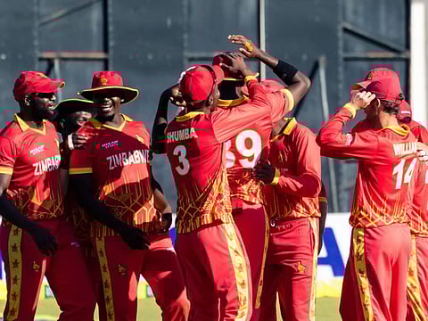 Zimbabwe players celebrate the wicket of Bangladesh batsman Litton Kumer Das during the first T20 match at the Harare Sports Club.