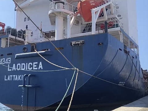 This frame grab from a video provided on Friday, July 29, 2022, shows a Syrian cargo ship Laodicea docked at a seaport, in Tripoli, north Lebanon.