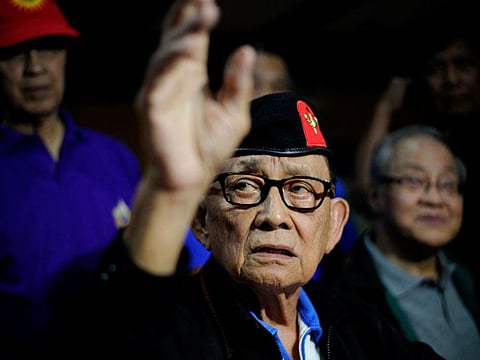 This file photo taken on August 13, 2016 shows Philippines' former president Fidel Ramos gesturing during a press conference at Camp Aguinaldo in Manila.